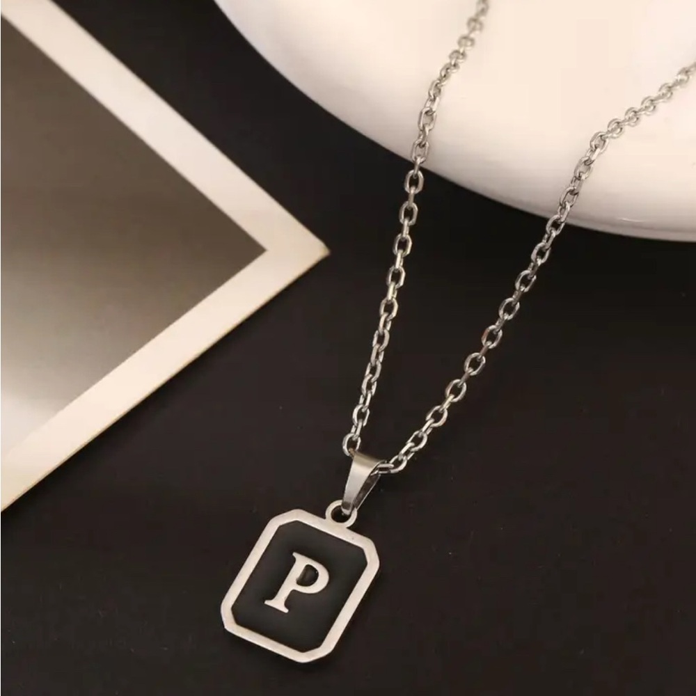 NWT Minimalist Stainless Steel Initial P Letter Pendant Necklace Silver Black
